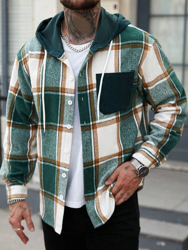 Manfinity Homme Jaqueta masculina plus size de lã xadrez verde e branca com capuz, com cordão, abotoamento simples, design de bolso único, casual, adequada para férias, festa, jantar, encontro, presente ou uso próprio, simples e versátil