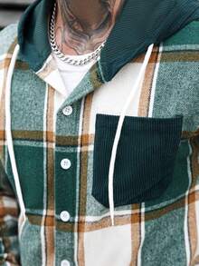 Manfinity Homme Plus Size Men's Green,White And Brown Plaid Hooded Long Sleeve Overcoat,Single-Breasted Single Pocket Design,Autumn Streetwear Club Casual Versatile - Multicolor - View 8