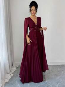 SHEIN Elenzya 优雅浪漫褶皱 V 领收腰 A 字形雪纺拼接长袖连衣裙，适合圣诞节、音乐节、派对、约会 - 酒紅色 - 查看 5