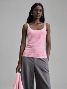Ontre 1pc Women's Soft Pink Knitted Set,Loose Drop Shoulder Long Sleeve Cropped Top & Camisole,Wool Blend Sweater For Autumn,Casual Lounge & Holiday Party - Baby Pink - View 7
