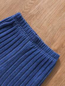 SHEIN 2pcs/Set Tween Girl Solid Color Ribbed Hooded Sweater And Flared Pants Casual Outfit, Fall & Winter - Blue - View 4