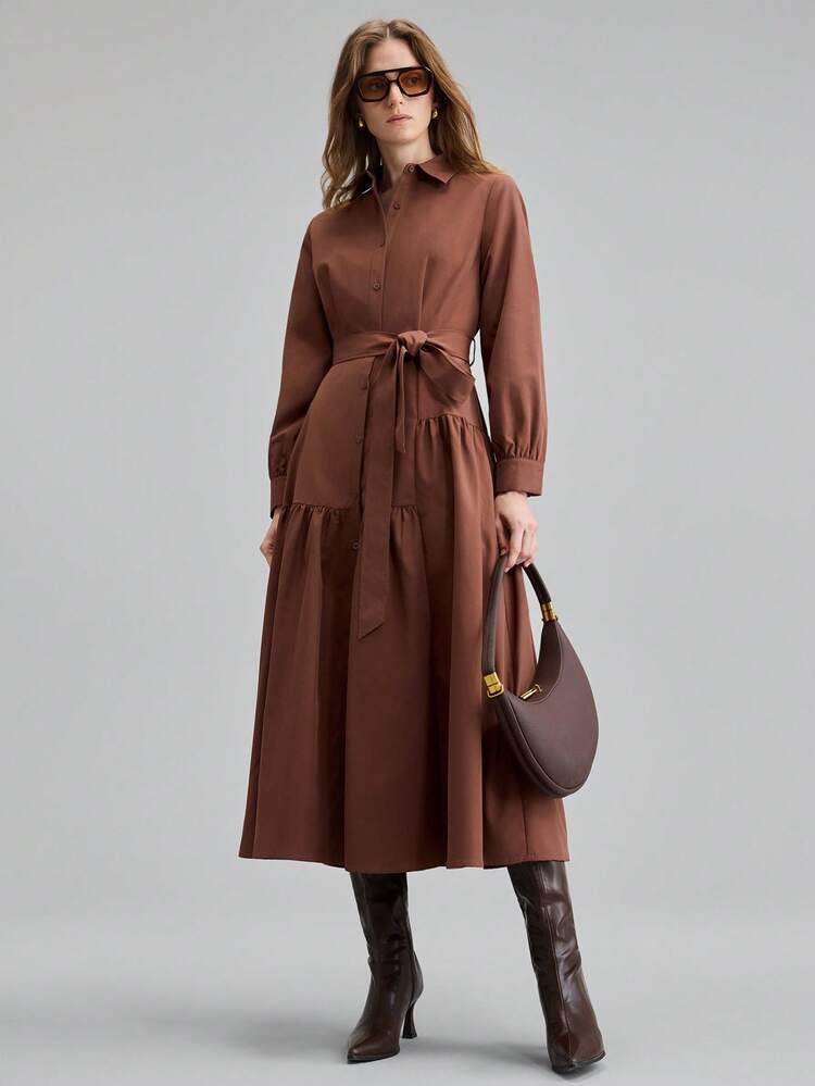 2026SS Women's Village Long Sleeve Single-Breasted Belt Design Casual Shirt Dress Modern Urban Casual Fashion Business Casual Women's Office Wear Low-Key Old Money Style Effortless Temperament High-End Urban Commuting High-Quality Airport Women's Wear High-End Material Waist Detail Flared Dress Middle Eastern Style Essential Women's Clothing High-End, Elegant, Old-Fashioned Cruise Attire For Wedding Guests High-End, Elegant, Old-Fashioned Cruise Attire For Wedding Guests