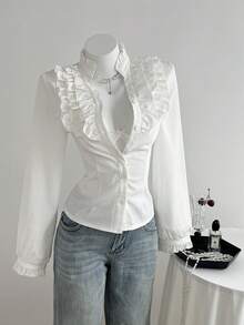 Elamini 1 Áo cánh cổ chữ V xếp nếp vải jacquard chấm bi trắng dành cho nữ, thích hợp mặc hàng ngày, đi làm và thường ngày, mùa thu - trắng - Xem 5