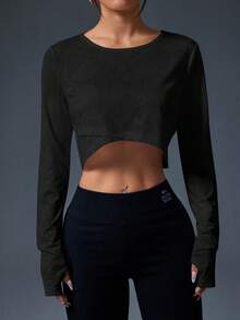 Easithlete Women's Solid Color Round Neck Long Sleeve Cropped Sports T-Shirt Gym Tops Crop Workout Long Sleeve Top Women Sport Crop Top Shirt Copped Athletic Tops Cropped Athletic Tops - Black - View 4