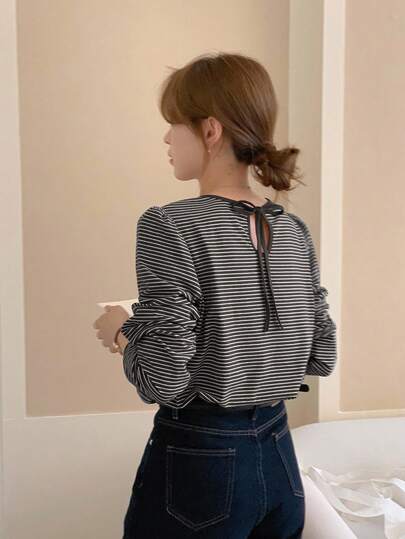 DAZY 女式圆领后系带条纹休闲长袖 T 恤