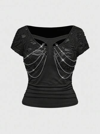 Grunge Punk تي شيرت أسود مقاس كبير مع تصميم مجعد مهترئ مستوحى من موسيقى البنك والميتال والغوث، بأكمام قصيرة للخريف والشتاء للنساء