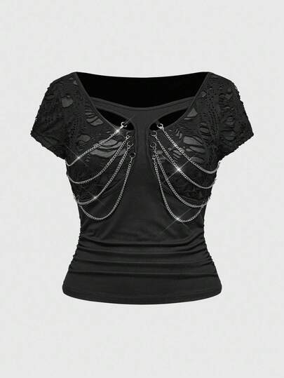 Grunge Punk Grunge-Punk Music Festival Goth Plus Size Y2K Metal Chain Distressed Textured Ruched Design Plus Size Black T-Shirt, Autumn/Winter Black Short Sleeve Blouse For Women