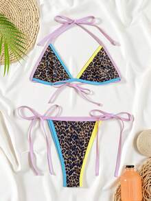 Swim SXY Women's Brown Micro Cup Triangle Leopard Cheetah Print Bikini Set,Summer Casual Beach Vacation Holiday Brazilian Colorful Tie Dye Print Swimwear - Multicolor - View 3