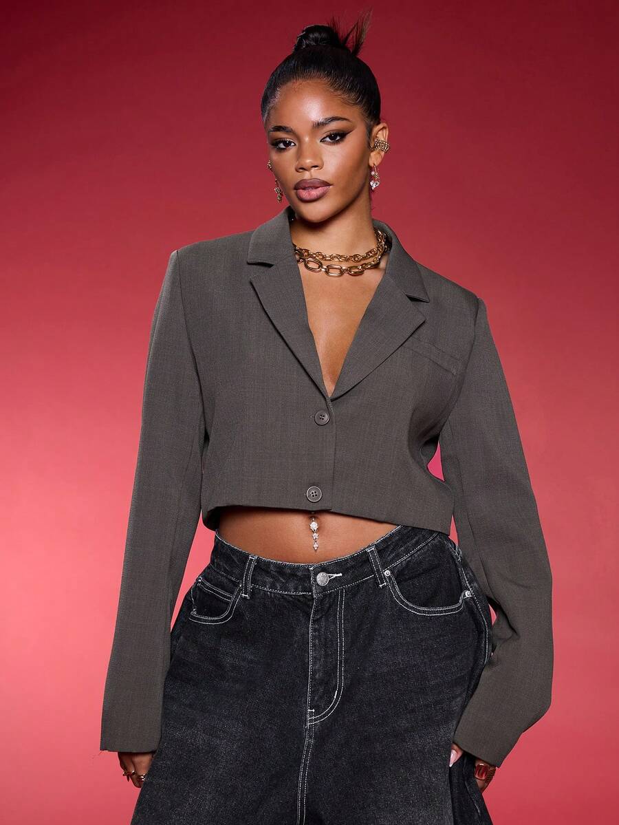 Normani Tailored Cropped Blazer Notched Lapel Single Breasted Elegant Professional Business Casual Vacation Fall Winter Autumn Work Office Old Money Date Night Going Out Back To School Wedding Guest Christmas Suit Cute Everyday Capsule Wardrobe - Brown - View 1