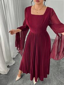 Modelyn Vestido elegante de fiesta con cuello cuadrado, drapeado y plisado para mujer de talla grande - Rojo - Ver 4