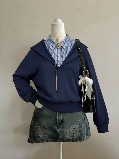 SHEIN MOD 大码女式休闲落肩宽松拼布格子运动衫，春秋季