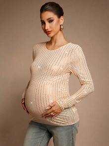 MaterniChic Autumn And Winter Sequin Patchwork Crew Neck Fitted Long Sleeve Maternity T-Shirt Sequin Top - Apricot - View 4