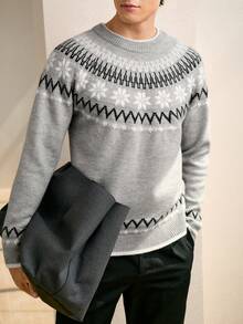 RONVEXI Men's Grey Autumn Smart Casual Fair Isle Snowflake Pattern Sweater,Retro Loose Fit Icelandic Noble Sweater For Vacation Gift For Boyfriend Husband - Multicolor - View 3