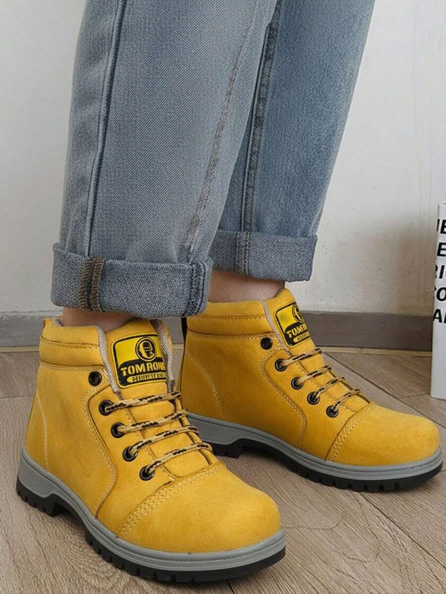 Hombre resistente doble costura punta redonda cordones suela dentada estilo industrial trabajo outdoor bota alta - Amarillo - Ver 1
