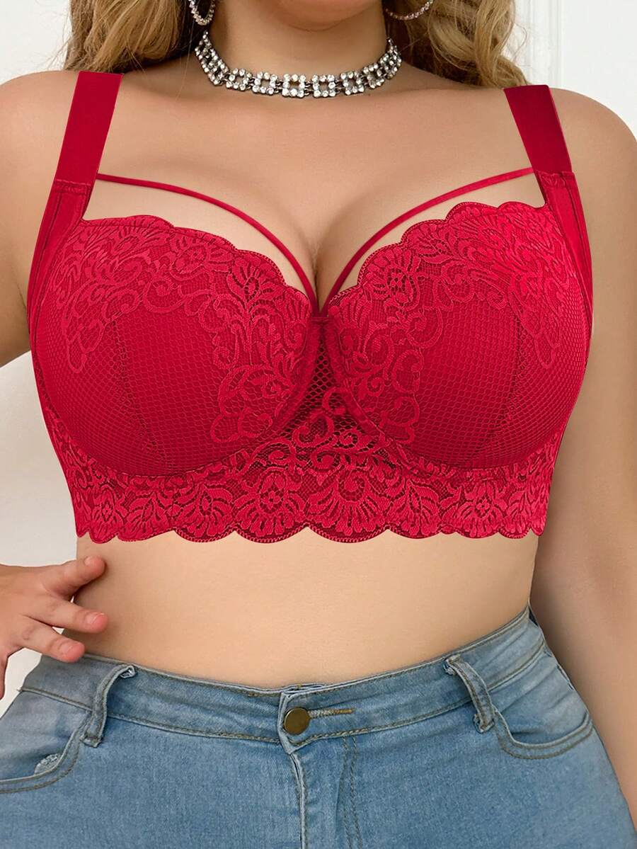 LustreForm Plus Size Women Comfortable Underwire Lace Bra - Red - View 1