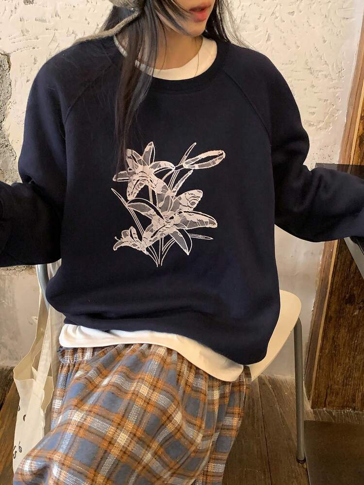 Floral & Plant Pattern Loose Fit Crew Neck Thermal Lined Pullover Sweatshirt For Women, Autumn/Winter