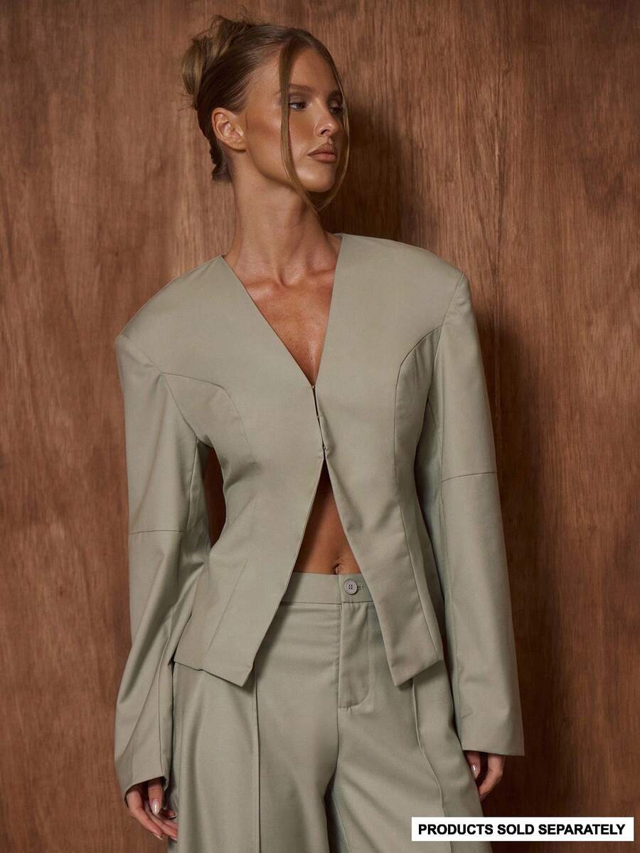 MUSERA Low V-Neck Structured Padded Shoulder Cinched Waist Blazer Only Cute Date Night Going Out Autumn Fall Night Out Work Clean Cut Winter Party Spring - Grey - View 1