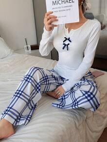 SHEIN Bộ đồ ngủ áo thun trơn màu trơn họa tiết kẻ caro và quần dài in họa tiết kẻ caro cho nữ, trang phục mùa thu đông - trắng - Xem 7