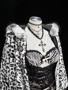 Sweetra 豹纹仿皮草简约帽和短款复古休闲夹克 - 黑與白 - 查看 3