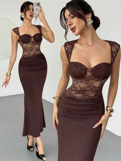 Firerie 女士优雅蕾丝拼布修身连衣裙/舒适秋冬女装/优雅派对连衣裙/性感连衣裙/棕色蕾丝连衣裙/新年造型/仙女风格连衣裙/紧身胸衣连衣裙/新年连衣裙/性感连衣裙