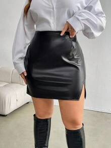 Firerie Gonna corta a-line asimmetrica in ecopelle elegante per taglie forti, comoda e casual per l'autunno/inverno - nero - Visualizzare 4