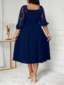 SHEIN Lady CURVE Váy dài tay màu trơn cỡ lớn, tối giản và thời trang, phù hợp cho mùa hè Váy lễ Phục sinh cho nữ Váy tốt nghiệp Váy dự tiệc cưới cho nữ Váy dự tiệc cưới cho nữ Váy công sở thường ngày cho nữ - Màu xanh hải quân - Xem 2