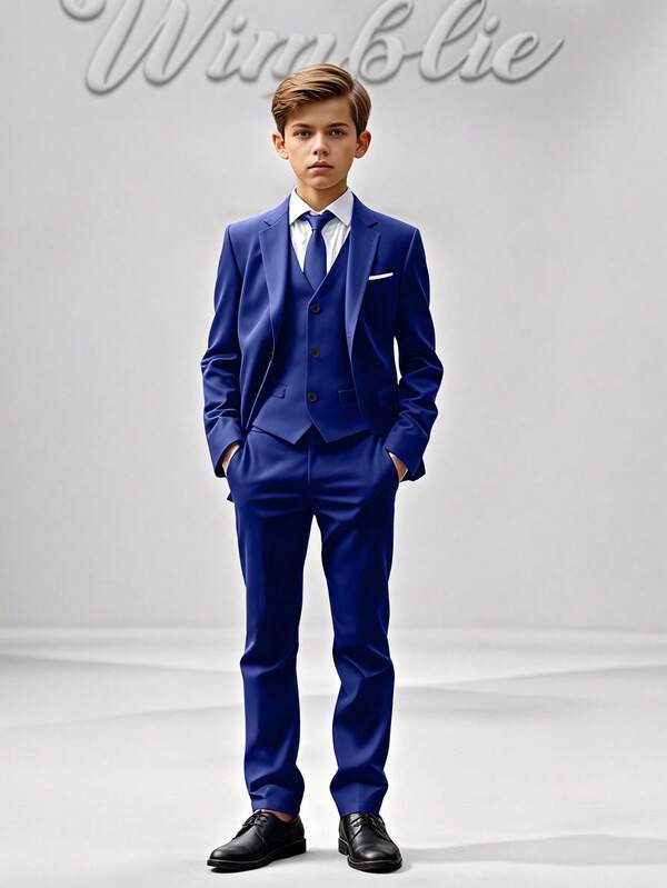 SHEIN Conjunto de 6 piezas para niño preadolescente estilo caballero: chaqueta de manga larga con solapa, chaleco con solapa, camisa de manga larga, pantalones, pajarita, corbata. Conjunto formal elegante para fiesta de cumpleaños, boda, aniversario, bautizo, pajecito