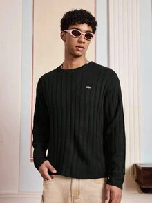 SWAVVY 男士休闲宽松字母植绒长袖毛衣，秋冬 - 黑色 - 查看 3