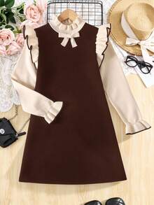 SHEIN Tween Girls Apricot Dark Brown Jacquard Bow Tie Off-The-Shoulder Long Sleeve Sweater Dress,Vintage Autumn Back-To-School Family Matching Formal Dress - Brown - View 2