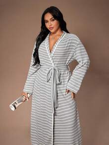 Lazeform Plus Size Casual Striped Long Sleeve Women Robe, For Fall & Winter