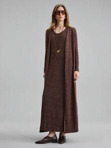 Ontre 女士纯色长款常规款休闲夹克，适合秋季通勤 - 棕色 - 查看 6