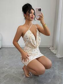 Rafferiza 女式休闲性感低胸亮片连衣裙 - 杏色 - 查看 4