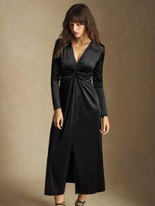 BizChic Vestido plisado con cuello en V y cintura con botones, nuevo para otoño/invierno 2025. Elegante y retro, ideal para uso diario, casual, romántico, fiestas, bodas, graduaciones y talla grande ocasiones. - Negro - Ver 2
