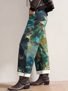 Bohemela 女式休闲梭织阔腿裤，带全印花和口袋 - 黑色 - 查看 6