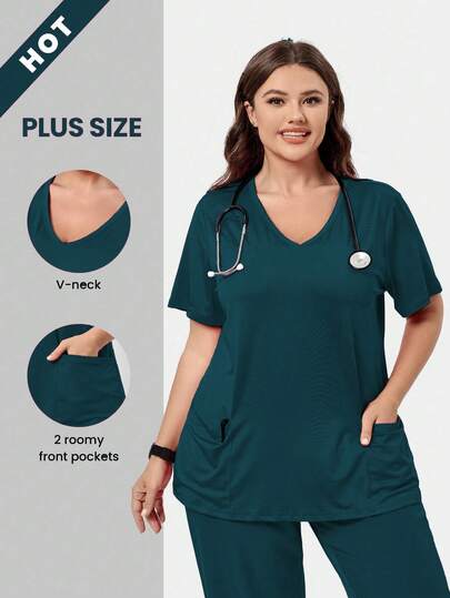 TaskEZ Plus Size Solid Color Short Sleeve Double Pocket Scrub Uniform Top
