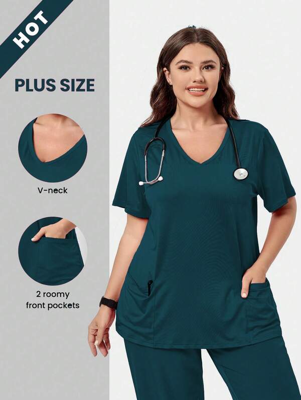 TaskEZ Plus Size Solid Color Short Sleeve Double Pocket Scrub Uniform Top