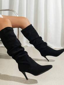 Ellevyn 2025 年秋冬理想搭配紧身裤，女士时尚尖头褶皱高跟靴 - 黑色 - 查看 6