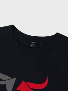 Manfinity Homme 男士休闲公牛印花短袖T恤，夏季 - 黑色 - 查看 4