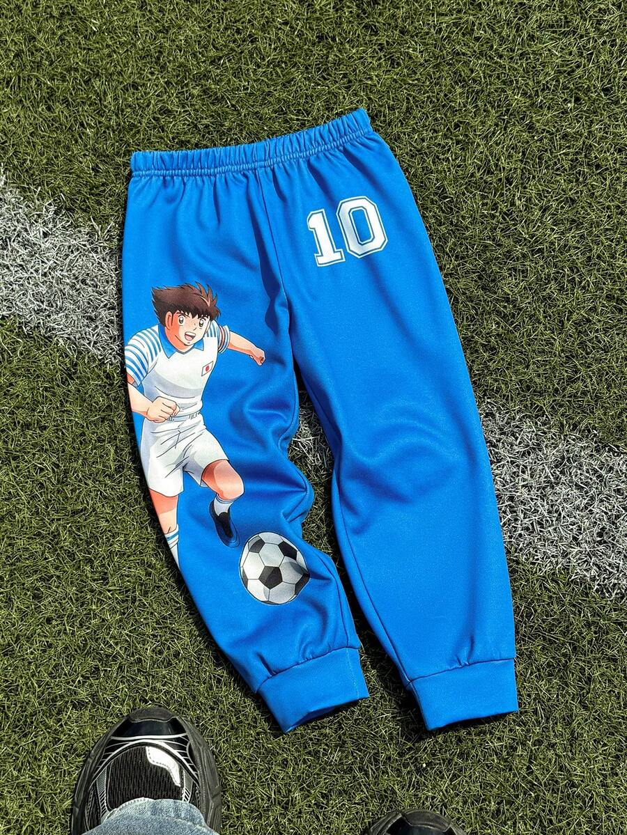 Captain Tsubasa X SHEIN Young Boy Minimalist Sports Casual Cartoon Figure Graphic Elastic Waist Sweatpants - Blue - View 1