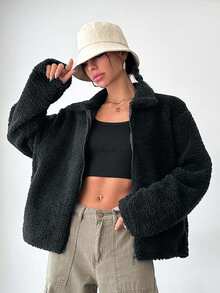 EURMUSE Women's Zip Up Drop Shoulder Teddy Plus Size Coat Trail Ride Autumn Club Office Black Smart Casual Baggy - Grey - View 3