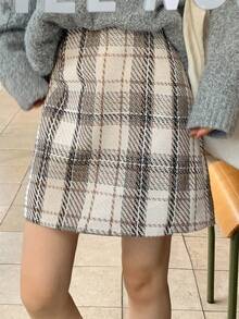 DAZY 女式格纹印花优雅时尚A字裙，秋冬 - 白色 - 查看 4