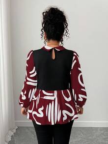 Elenzga Plus Size Women's Fashion Casual Contrast Color Print Long Sleeve Shirt - Red - View 2