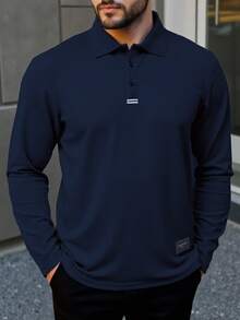 Manfinity Homme 加大码男士休闲长袖宽松Polo衫，男士翻领高尔夫球衫，长袖Polo衫，藏蓝色男士Polo衫 - 藏蓝色 - 查看 3