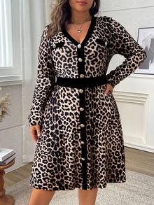 Vionelle Plus Size Women's French Casual Elegant Leopard Print Long Sleeve Dress, Autumn/Winter Cheetah Print Cheetah Animal Print Leopard Dress Cheetah Print Dress Dresses For Women Long Sleeve Leopard Print Plus Size Dress Buttons Dress With Sleeve Animal Print Dress Cheetah Dress For Women Leopard Dress Plus Size Cheetah Print Plus Size Animal Print Plus Size - Black - View 3
