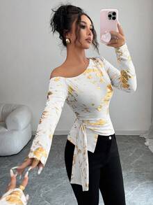 Elenzga Damen elegantes Metallic-Akzent asymmetrisches Schulter Langarm Twist Taille figurbetontes T-Shirt