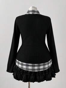 Sunspun Fall Autumn And Winter Plus Size Women Brushed Ribbed Plaid Patchwork Slim Fit Casual Commuter Top - Black - View 2