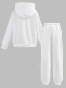 SHEIN 2 件套青少年男孩休闲街头时尚酷炫赛车涂鸦印花连帽衫和运动裤套装，适合通勤、上学、休闲外出、运动、秋冬 - 白色 - 查看 12