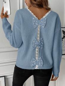 SHEIN LUNE Women's Loose Fit Pullover Sweater With Bowknot Decor And Contrast Lace, Long Sleeve, Suitable For Autumn/Winter - Blue - View 2