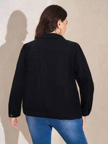 EMERY ROSE Plus Size Women's Casual Loose Denim Jacket With Single-Breasted, Long Sleeve, Autumn - Black - View 2