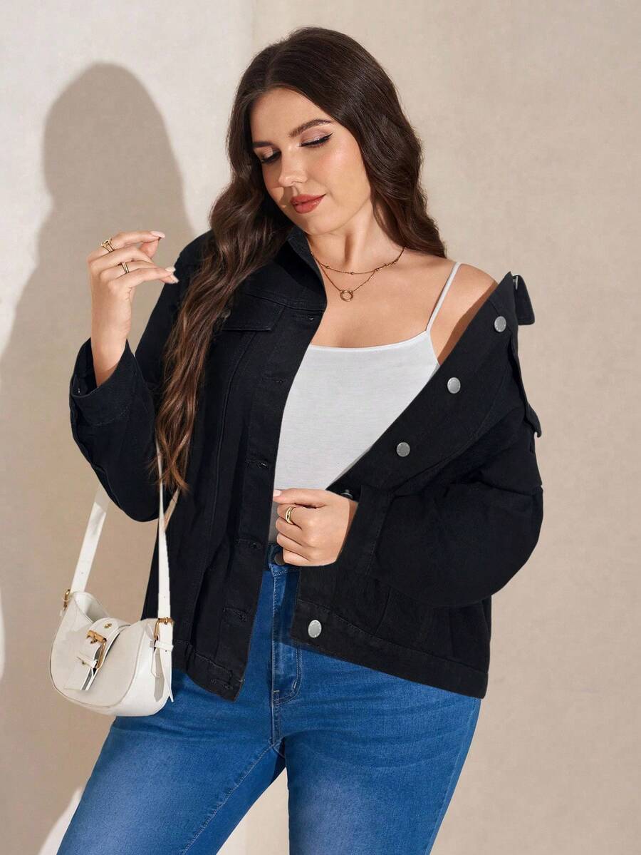 Comfylo Plus Size Women's Casual Loose Denim Jacket With Single-Breasted, Long Sleeve, Autumn - Black - View 1